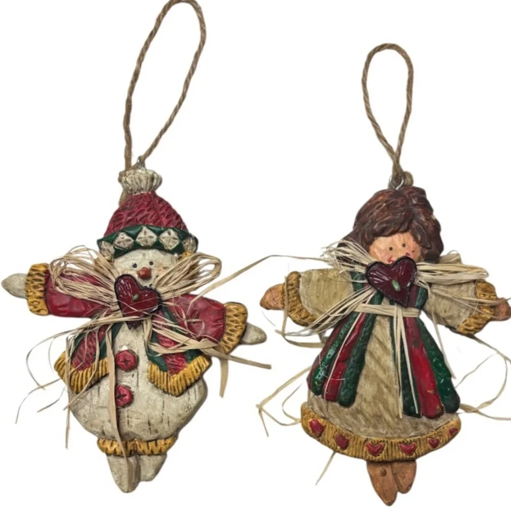Whimsical Christmas Ornaments Hand Crafted Vintage Snowman Angel 2 Pc Set Red